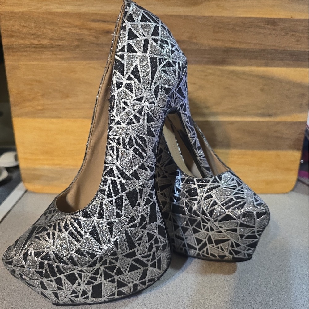 Women's Liliana Black & Silver Metallic Platform Stiletto Heel Size 10 Club Rave